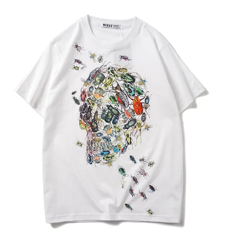Men’s Black Skull Floral Graphic T-Shirt: Short Sleeve Artistic Streetwear Top