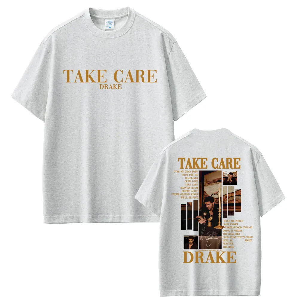 Drake “Take Care” Album Graphic Tee for Men: Minimalist Hip Hop Streetwear with Back Print