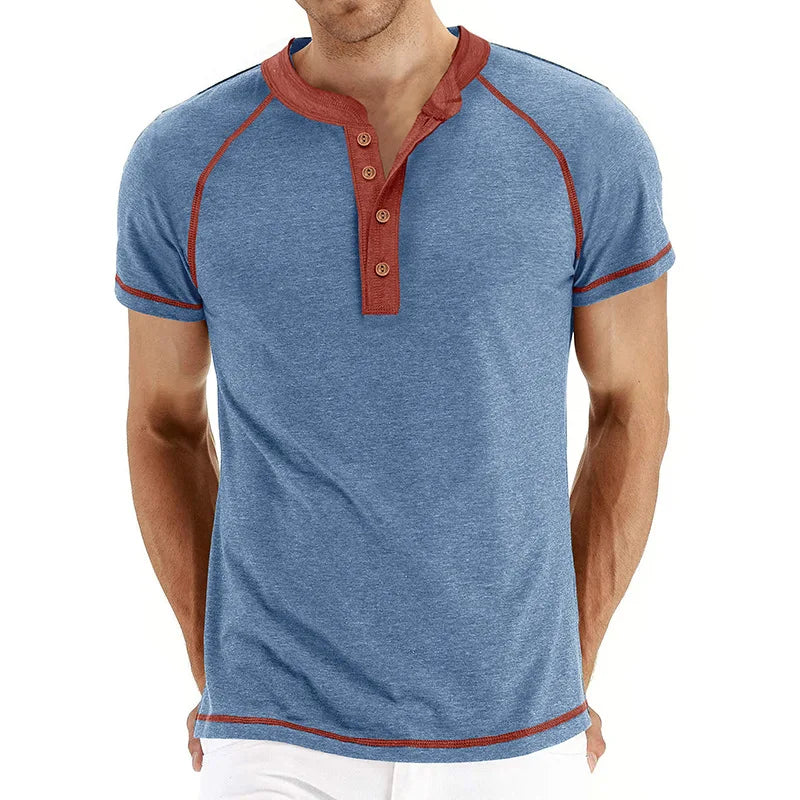 Men’s Two-Tone Henley T-Shirt: Short Sleeve Casual Top with Button Neckline