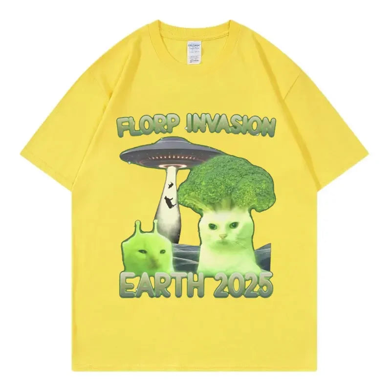 “Florp Invasion Earth 2025” Graphic T-Shirt: Short Sleeve Funny Alien Meme Top
