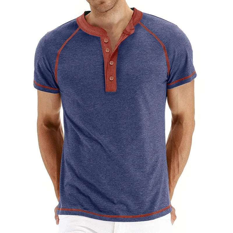 Men’s Two-Tone Henley T-Shirt: Short Sleeve Casual Top with Button Neckline