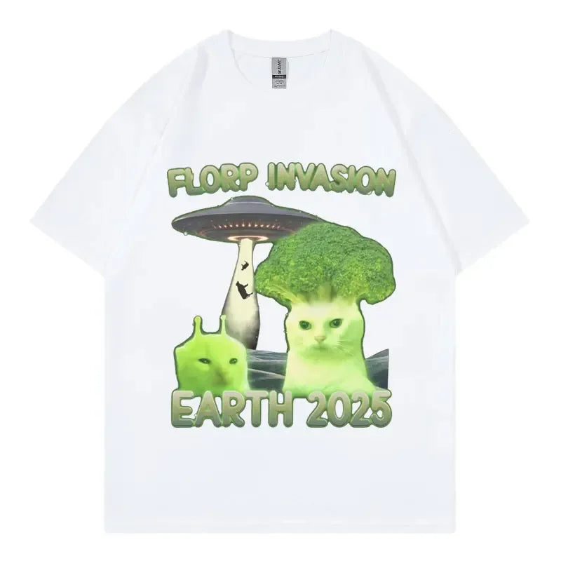 “Florp Invasion Earth 2025” Graphic T-Shirt: Short Sleeve Funny Alien Meme Top