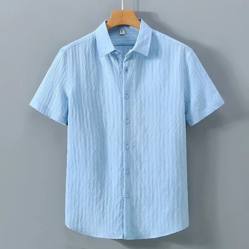 Men’s Light Blue Striped Short Sleeve Shirt: Casual Button-Up Summer Top