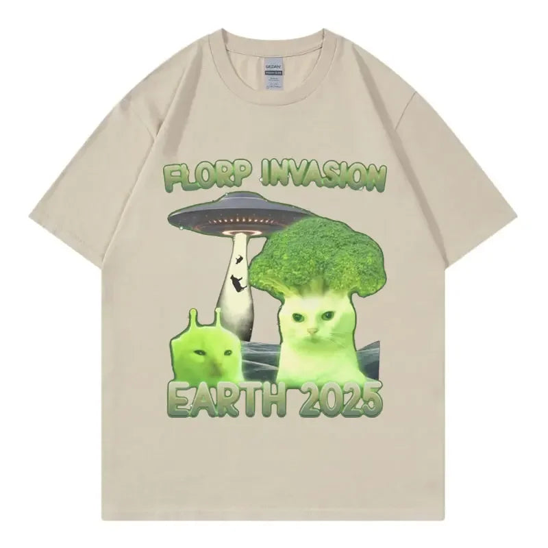 “Florp Invasion Earth 2025” Graphic T-Shirt: Short Sleeve Funny Alien Meme Top