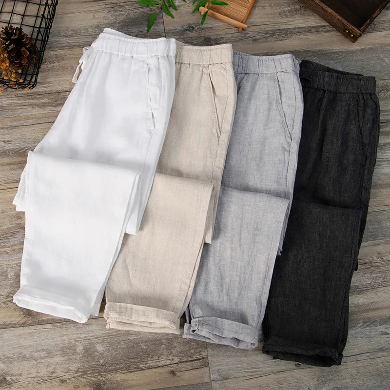 Men’s Light Beige Linen Jogger Pants: Casual Drawstring Summer Trousers