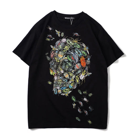 Men’s Black Skull Floral Graphic T-Shirt: Short Sleeve Artistic Streetwear Top