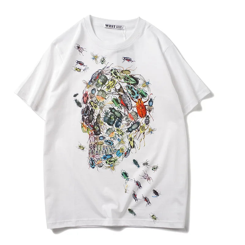 Men’s Black Skull Floral Graphic T-Shirt: Short Sleeve Artistic Streetwear Top