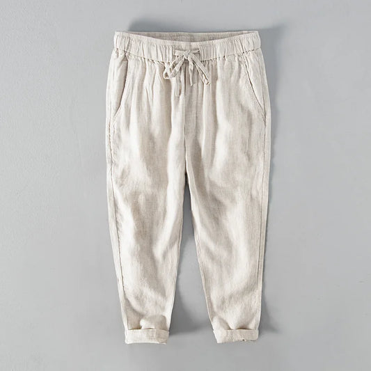 Men’s Light Beige Linen Jogger Pants: Casual Drawstring Summer Trousers