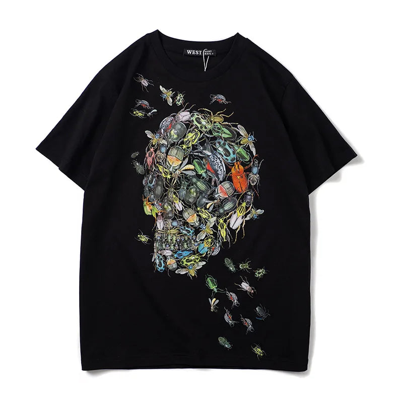 Men’s Black Skull Floral Graphic T-Shirt: Short Sleeve Artistic Streetwear Top