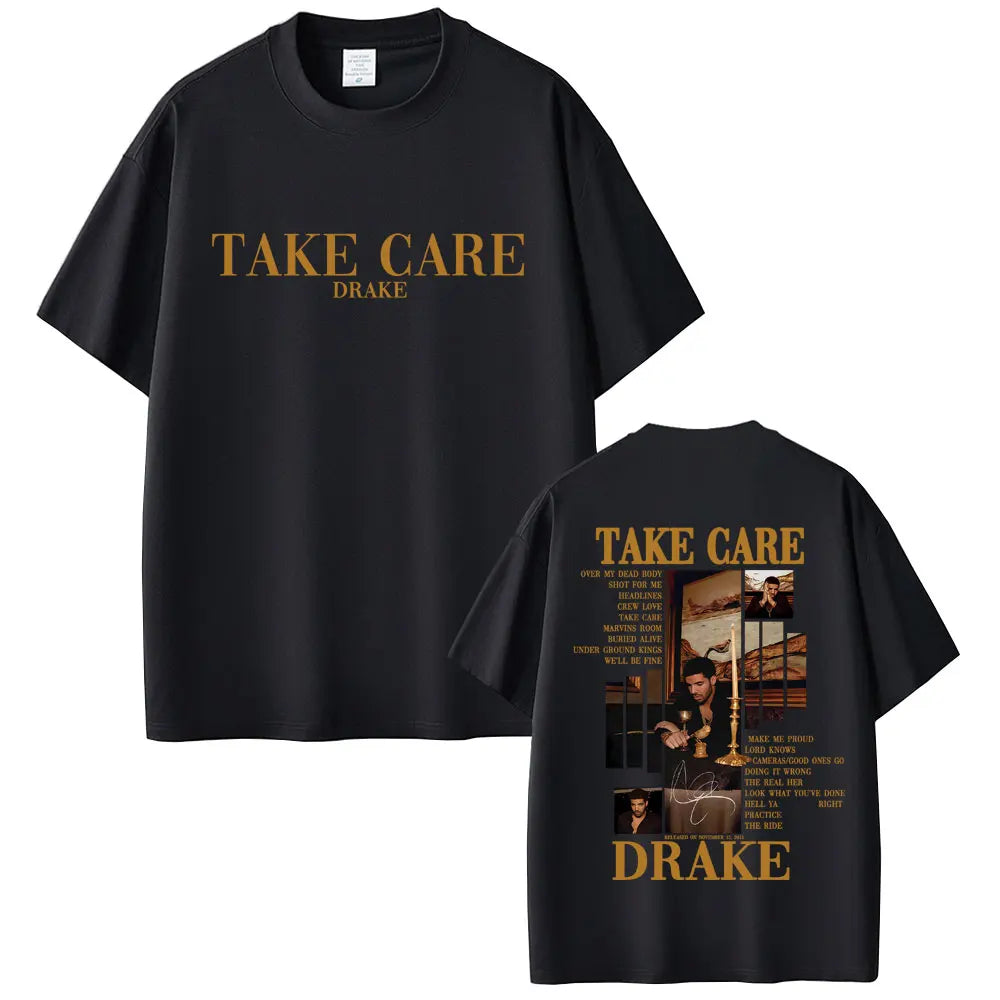 Drake “Take Care” Album Graphic Tee for Men: Minimalist Hip Hop Streetwear with Back Print