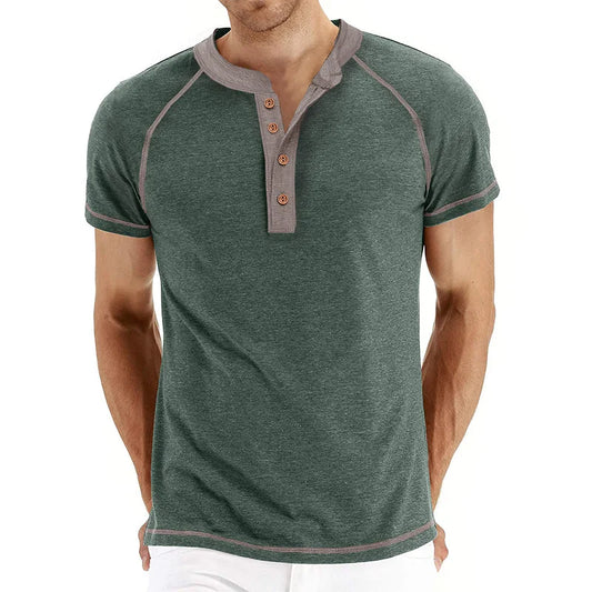 Men’s Two-Tone Henley T-Shirt: Short Sleeve Casual Top with Button Neckline