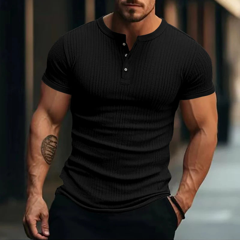 Men’s Stylish Striped Knit Henley T-Shirt – Casual Short Sleeve, Soft & Breathable Summer Top for Everyday Comfort