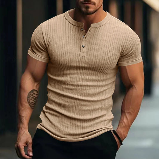 Men’s Stylish Striped Knit Henley T-Shirt – Casual Short Sleeve, Soft & Breathable Summer Top for Everyday Comfort
