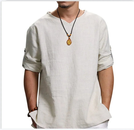 Men’s 3/4 Sleeve Loose Fit Cotton Pullover Shirt – Casual Solid Color V-Neck Beach & Summer Top