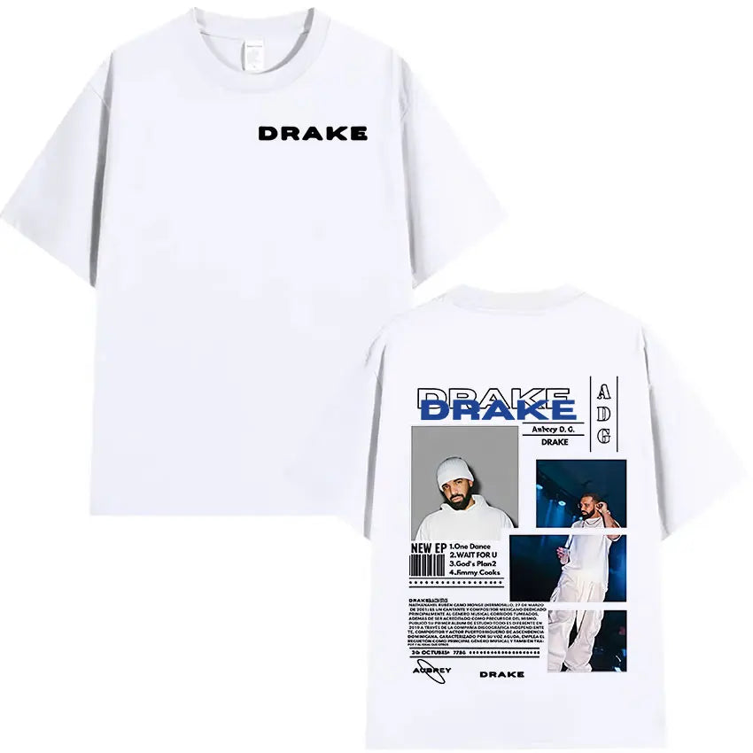 Drake Minimal Logo & Concert Collage Tee for Men: Modern Hip Hop Streetwear with Bold Back Print
