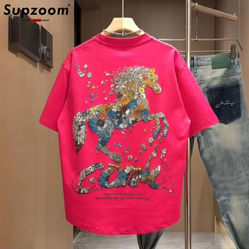 Men’s White Artistic Horse Graphic T-Shirt: Short Sleeve Casual Streetwear Top