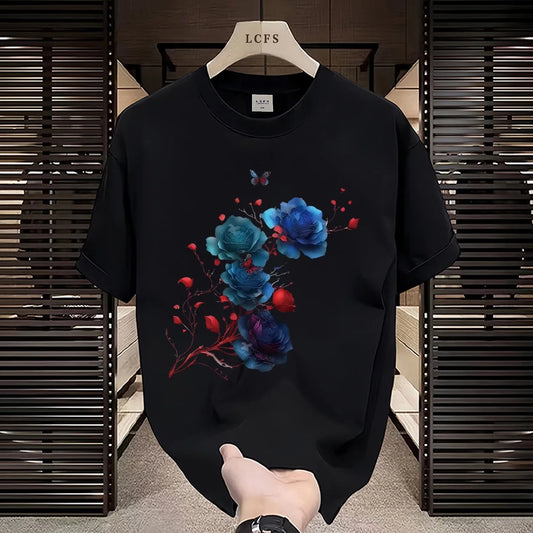Men’s Black Floral Graphic T-Shirt: Short Sleeve Artistic Streetwear Top with Blue Roses