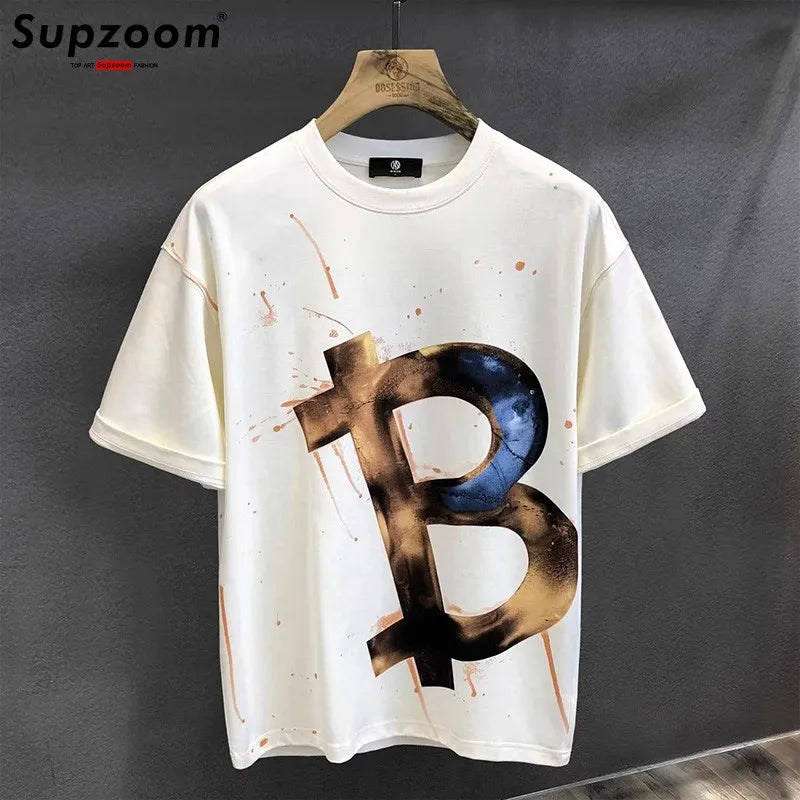 Men’s Black Bitcoin Graphic T-Shirt: Short Sleeve Streetwear Top with Gold &amp; Blue Design