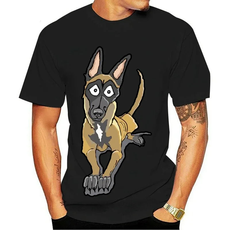 Black Cartoon Belgian Malinois T-Shirt: Short Sleeve Fun Casual Top
