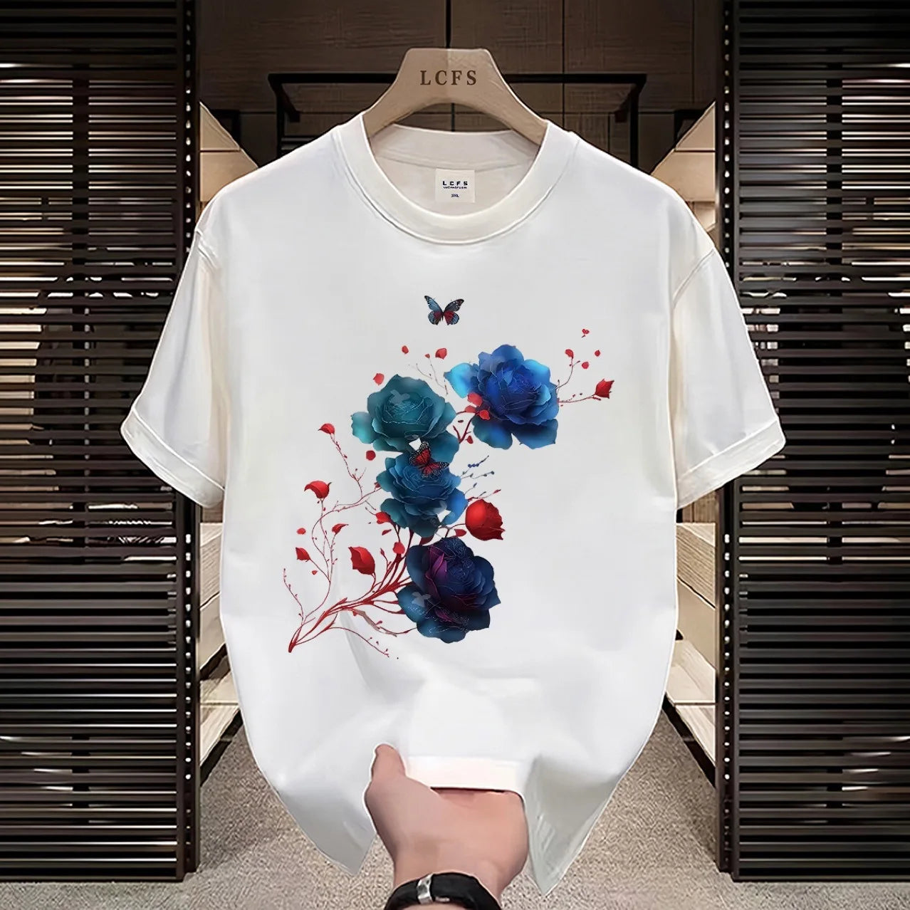 Men’s Black Floral Graphic T-Shirt: Short Sleeve Artistic Streetwear Top with Blue Roses