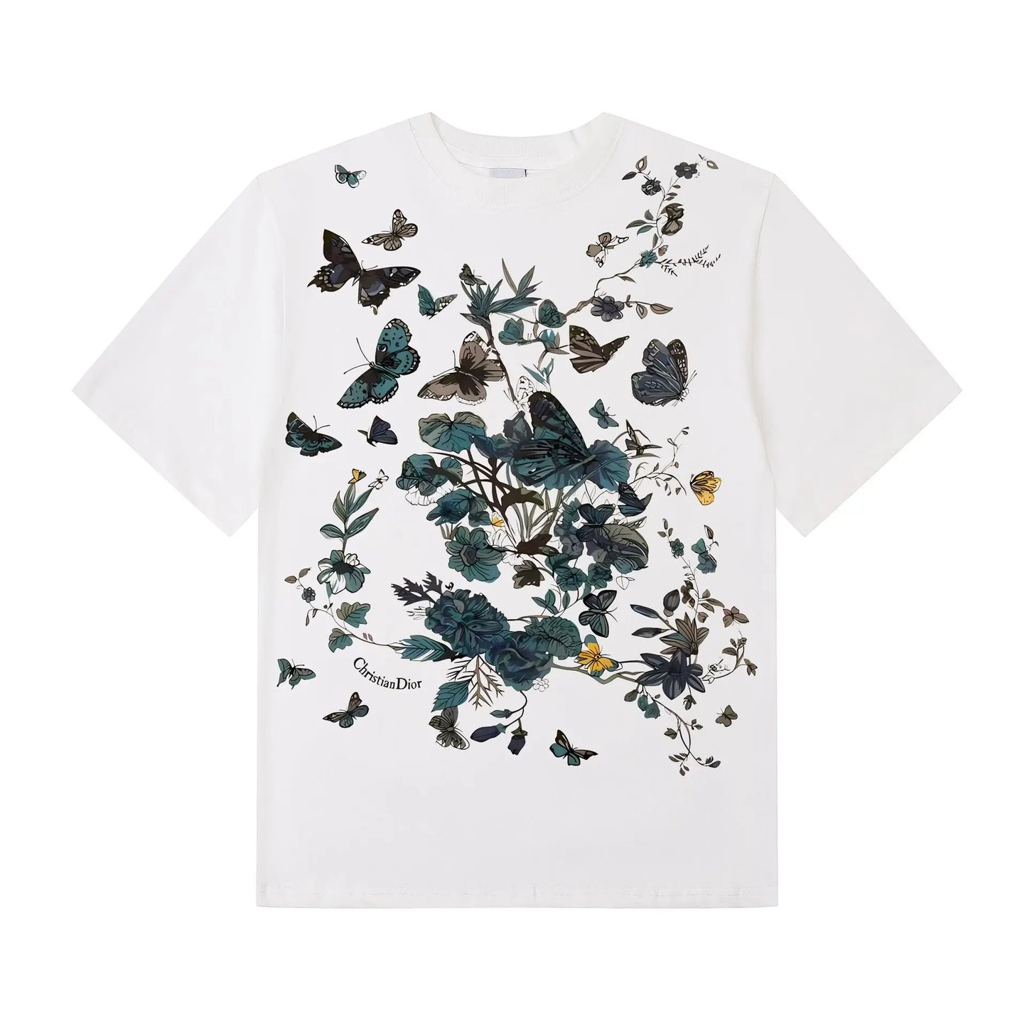 Men’s Beige Butterfly and Floral Graphic T-Shirt: Short Sleeve Artistic Casual Top