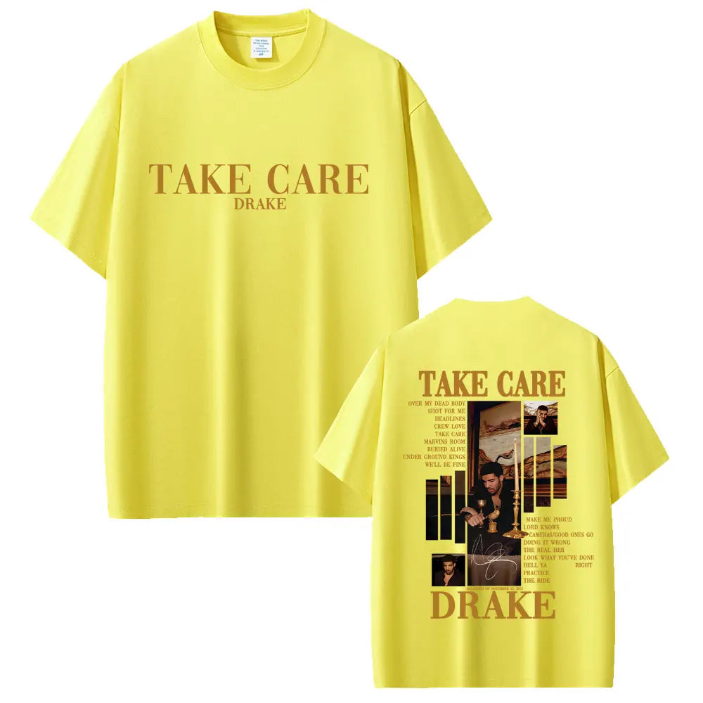Drake “Take Care” Album Graphic Tee for Men: Minimalist Hip Hop Streetwear with Back Print