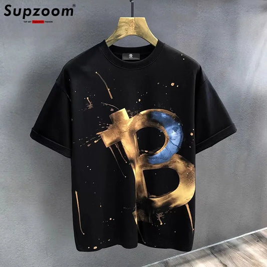 Men’s Black Bitcoin Graphic T-Shirt: Short Sleeve Streetwear Top with Gold &amp; Blue Design