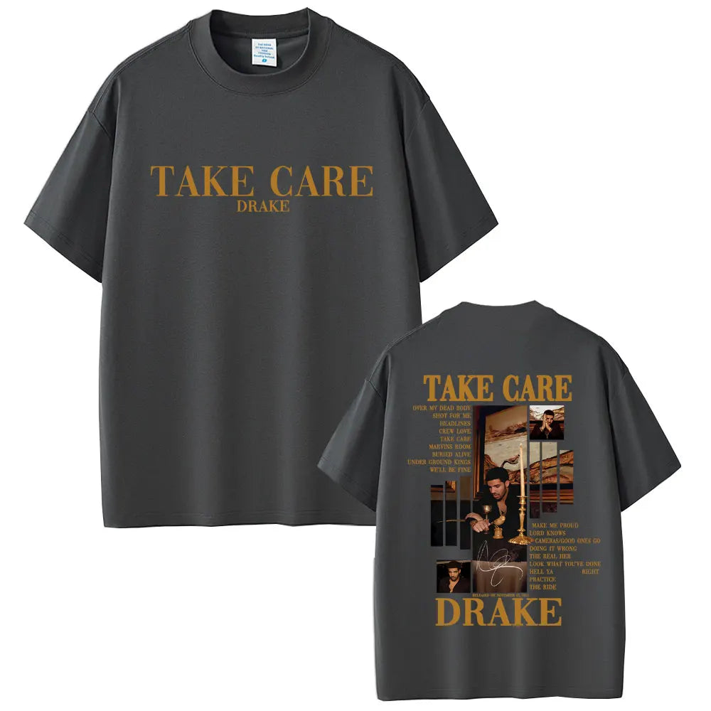 Drake “Take Care” Album Graphic Tee for Men: Minimalist Hip Hop Streetwear with Back Print