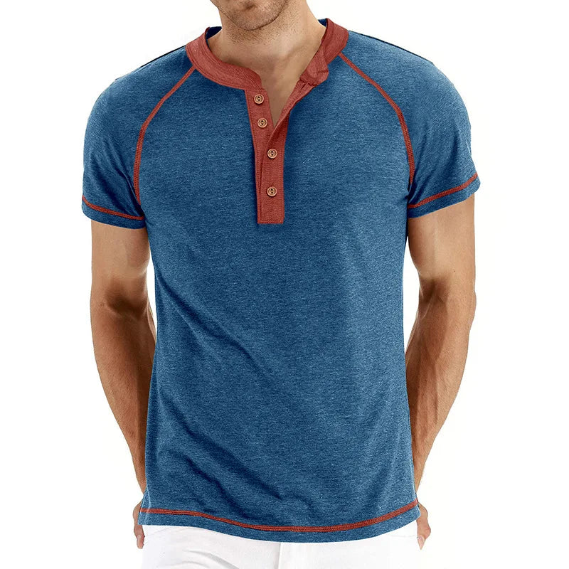 Men’s Two-Tone Henley T-Shirt: Short Sleeve Casual Top with Button Neckline
