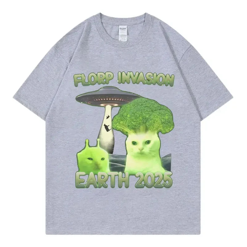 “Florp Invasion Earth 2025” Graphic T-Shirt: Short Sleeve Funny Alien Meme Top