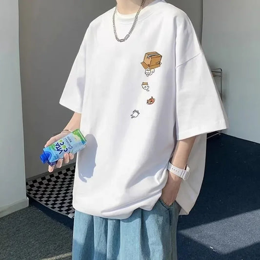 Men’s White Oversized Cartoon Graphic T-Shirt: Short Sleeve Casual Streetwear Top