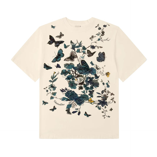 Men’s Beige Butterfly and Floral Graphic T-Shirt: Short Sleeve Artistic Casual Top