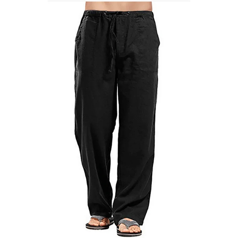 Men’s Light Blue Linen Beach Pants: Casual Drawstring Summer Trousers
