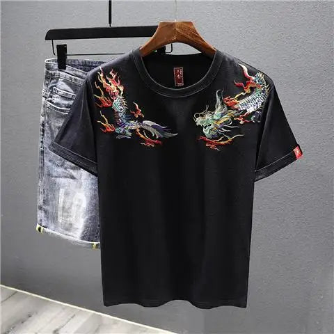 Men’s Black Dragon Embroidered T-Shirt: Short Sleeve Streetwear Top with Shoulder Detailing