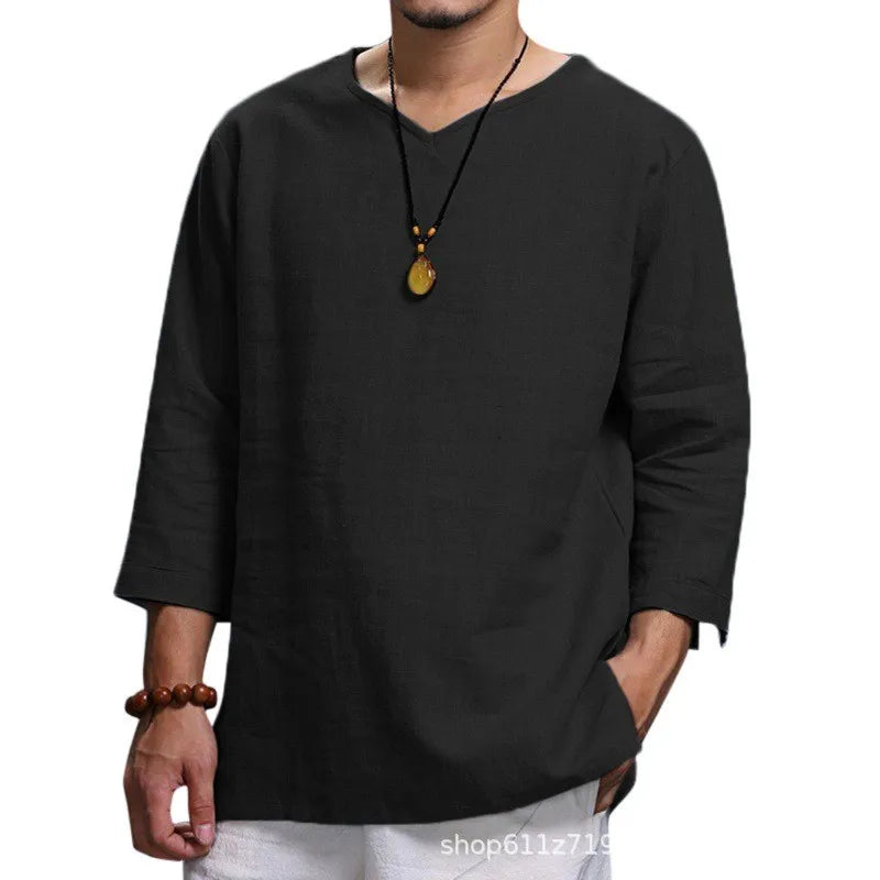Men’s 3/4 Sleeve Loose Fit Cotton Pullover Shirt – Casual Solid Color V-Neck Beach & Summer Top