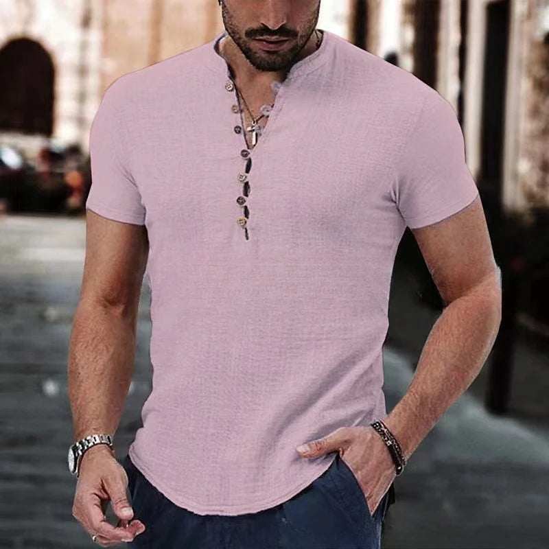 Men’s Casual Linen Henley T-Shirt: Short Sleeve Lightweight Summer Top with Button Detail
