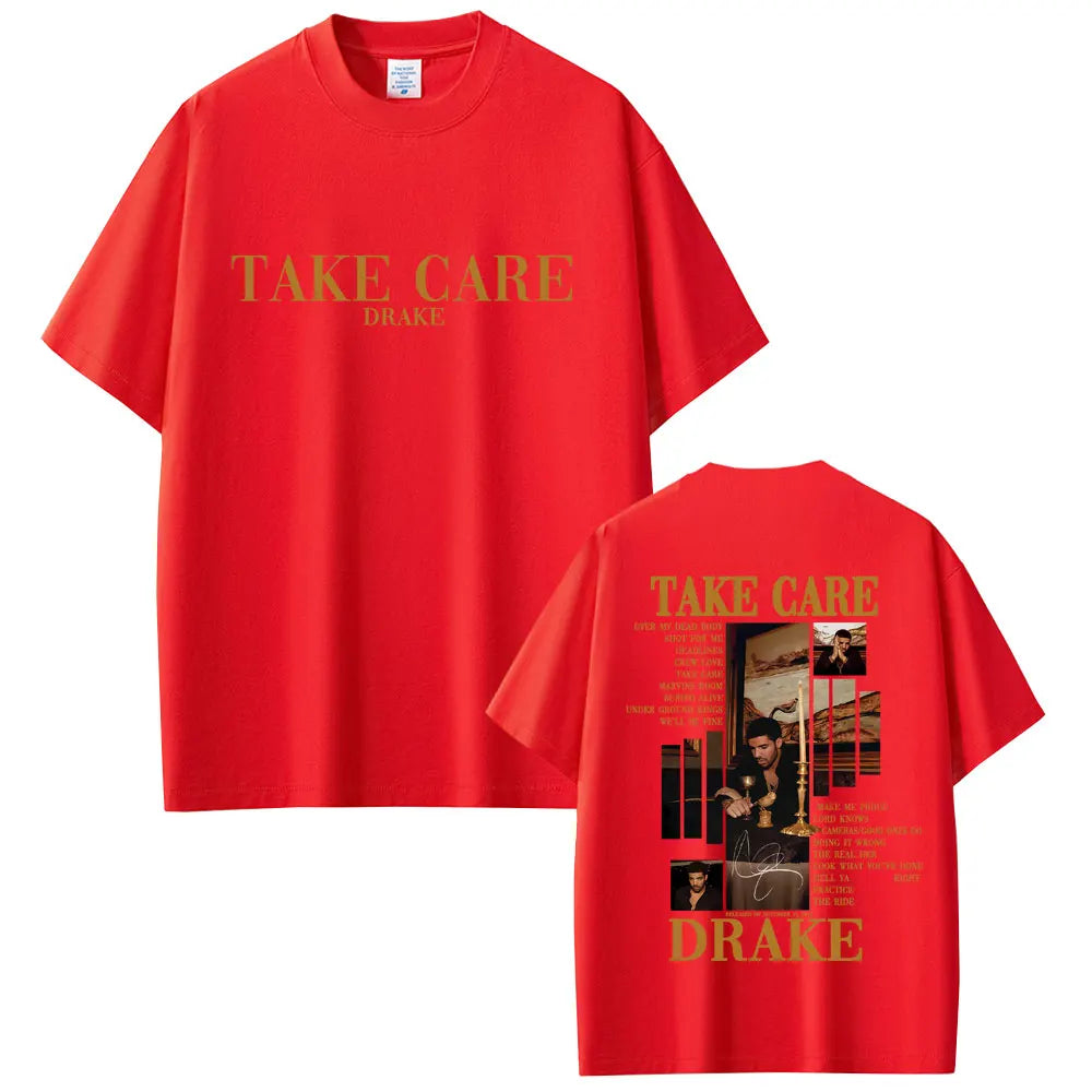 Drake “Take Care” Album Graphic Tee for Men: Minimalist Hip Hop Streetwear with Back Print