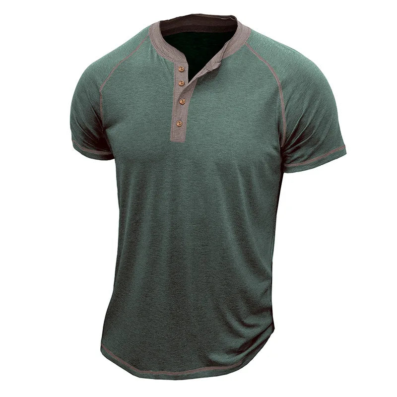 Men’s Two-Tone Henley T-Shirt: Short Sleeve Casual Top with Button Neckline