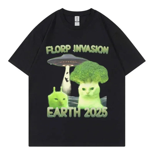 “Florp Invasion Earth 2025” Graphic T-Shirt: Short Sleeve Funny Alien Meme Top