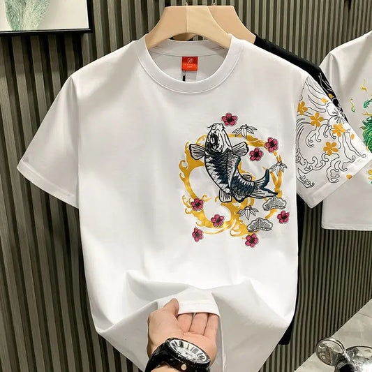 Men’s White Graphic T-Shirt with Koi Fish Design: Short Sleeve Streetwear Top
