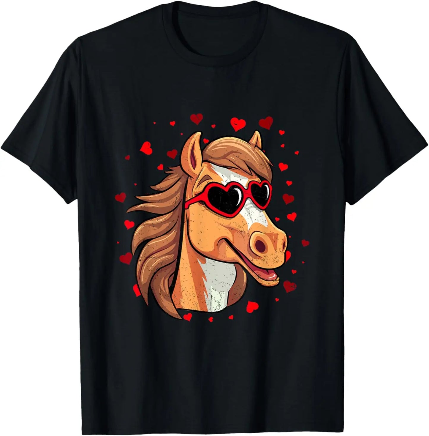Black Horse with Heart Sunglasses Graphic T-Shirt: Short Sleeve Fun Casual Top