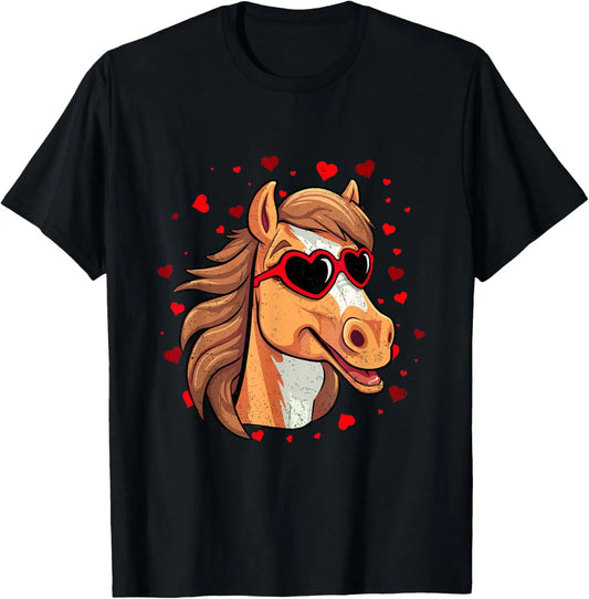 Black Horse with Heart Sunglasses Graphic T-Shirt: Short Sleeve Fun Casual Top