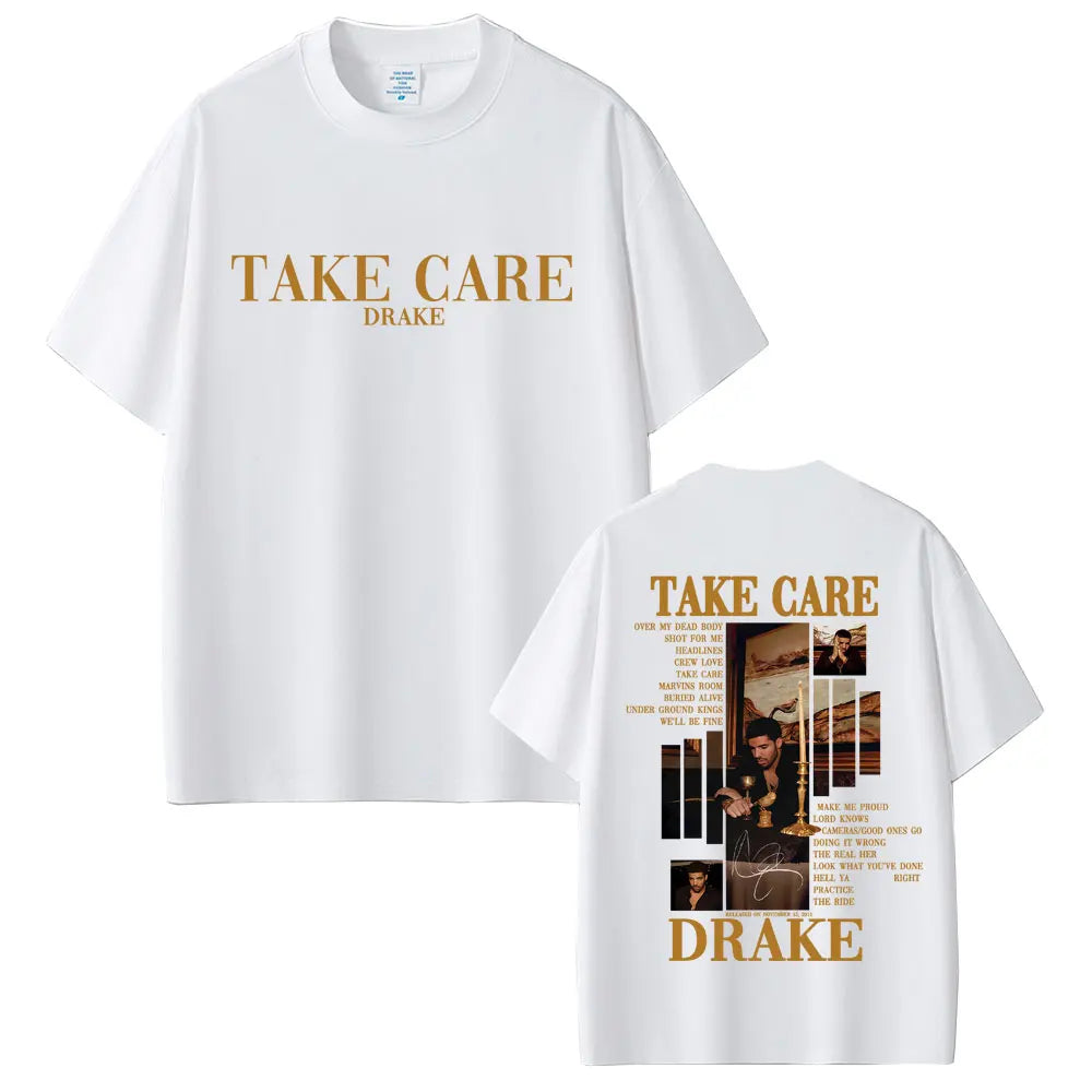Drake “Take Care” Album Graphic Tee for Men: Minimalist Hip Hop Streetwear with Back Print