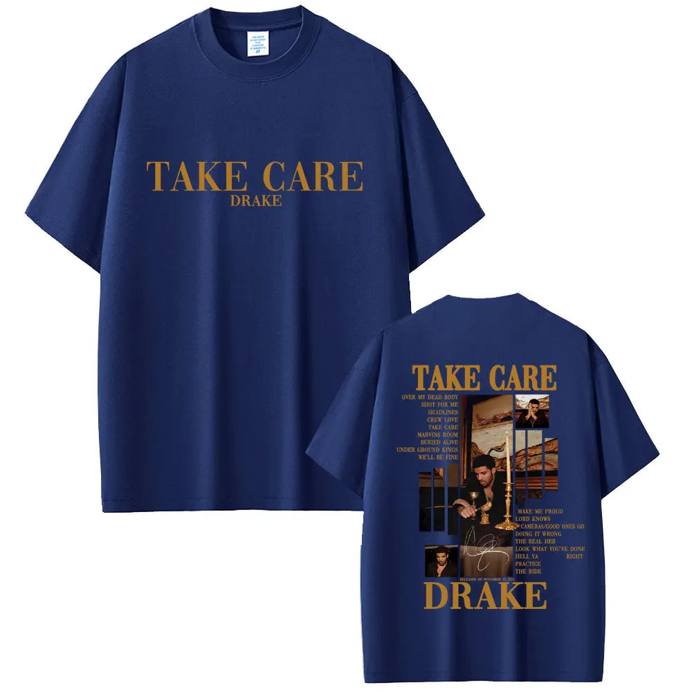 Drake “Take Care” Album Graphic Tee for Men: Minimalist Hip Hop Streetwear with Back Print