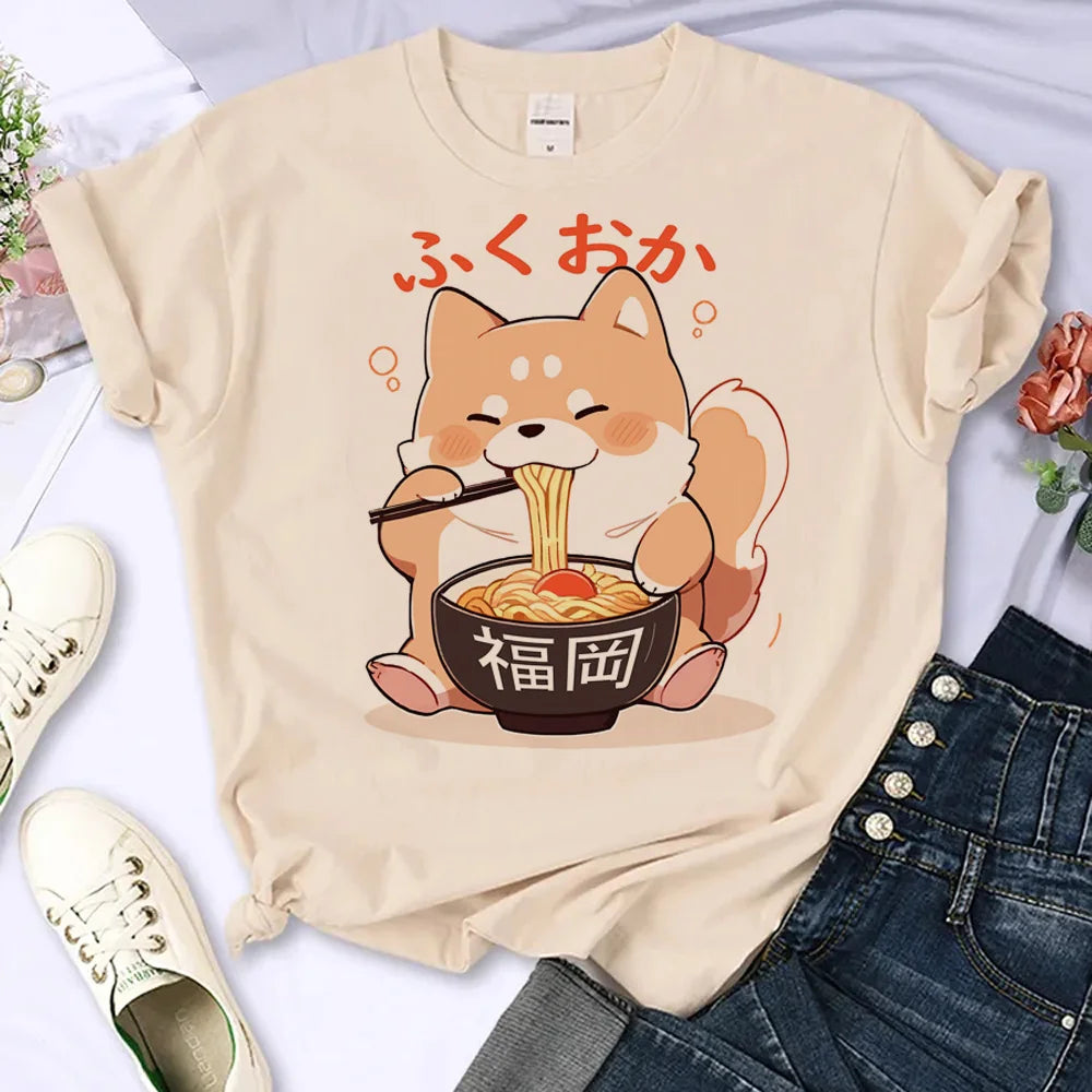 Beige Shiba Inu Ramen Graphic T-Shirt: Short Sleeve Cute Casual Top