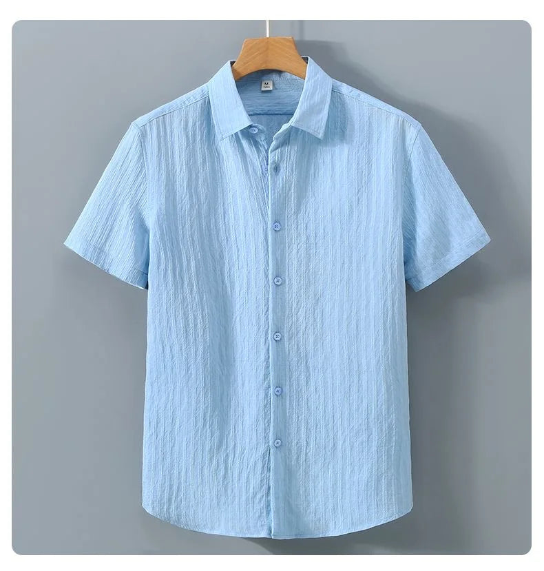 Men’s Light Blue Striped Short Sleeve Shirt: Casual Button-Up Summer Top