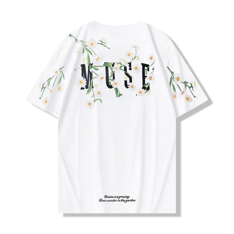Men’s Black “MUSE” Floral Graphic T-Shirt: Short Sleeve Artistic Streetwear Top