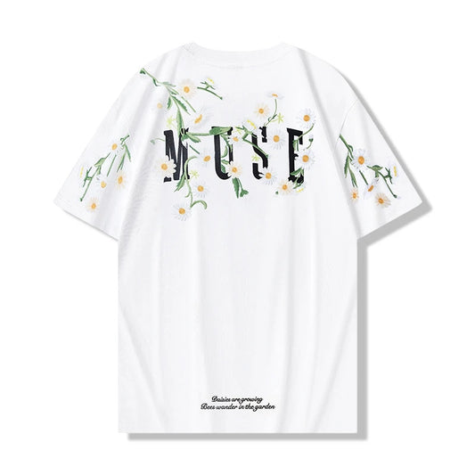 Men’s Black “MUSE” Floral Graphic T-Shirt: Short Sleeve Artistic Streetwear Top