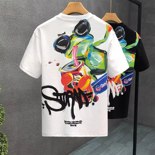 Men’s White Graffiti Frog Graphic T-Shirt: Short Sleeve Streetwear Top with Urban Art Design