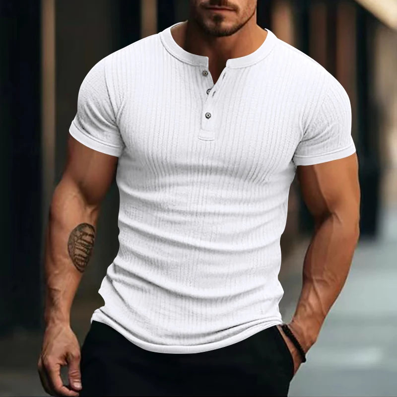 Men’s Stylish Striped Knit Henley T-Shirt – Casual Short Sleeve, Soft & Breathable Summer Top for Everyday Comfort